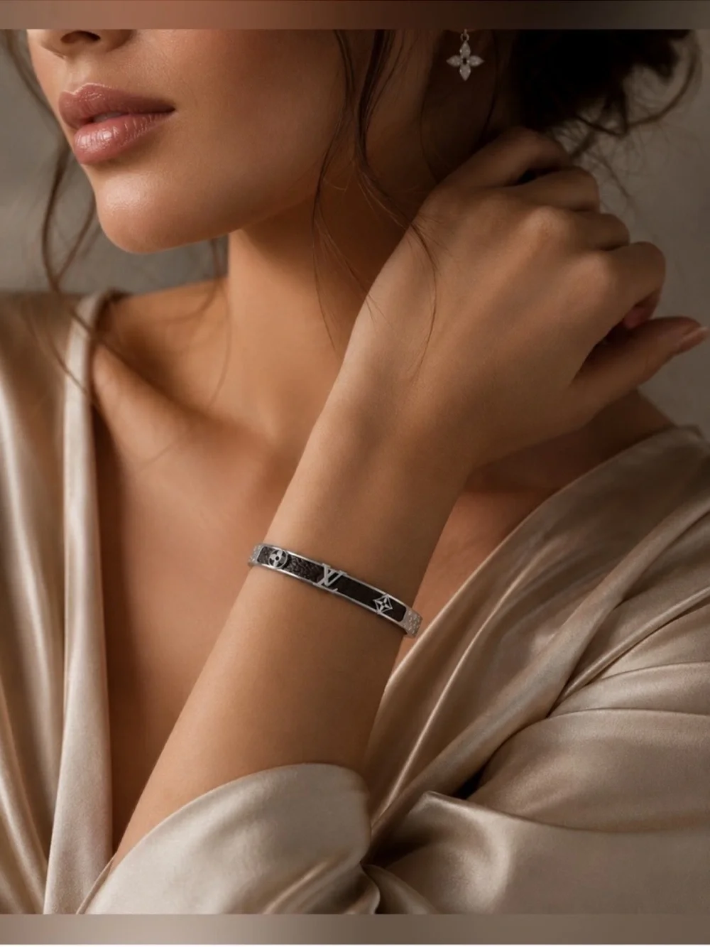 Silver and Brown LV Monogram Hinged Bangle Bracelet